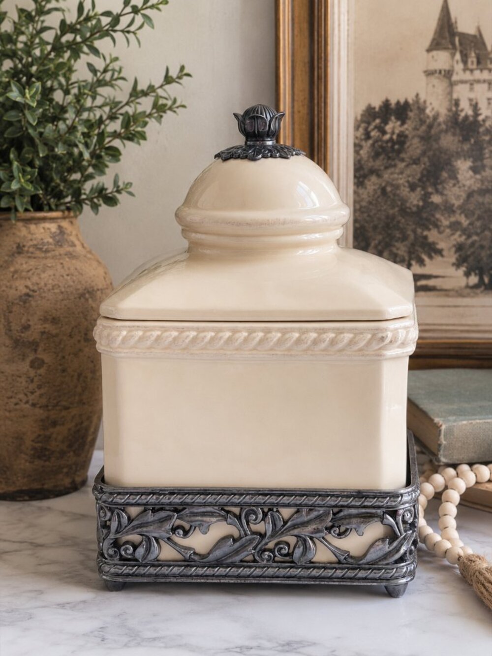 Biltmore For Your Home Ceramic Canister w/ Pewter Scroll Base & Lid 12" Cream